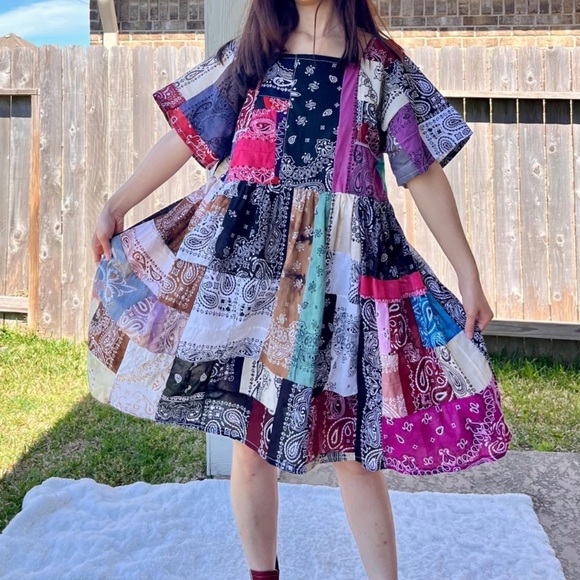 Handmade Dresses & Skirts - Handmade Rainbow Quilted Bandana Dress – SKU 03186